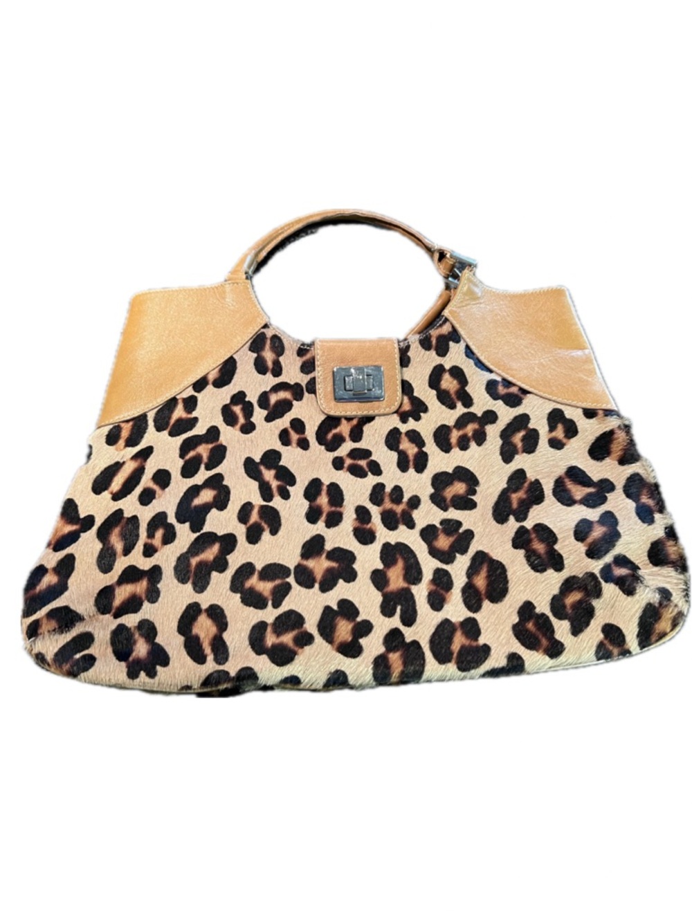 Leopard Print Tote with Tan Trim and Top Handle